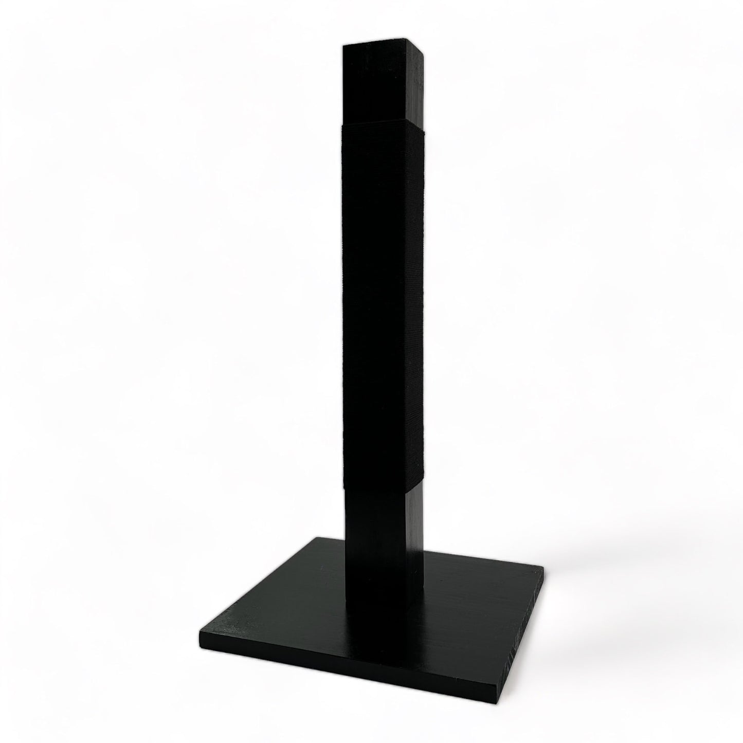 Side angle of black reusable solid wood cat scratching post looped in black cotton cord 