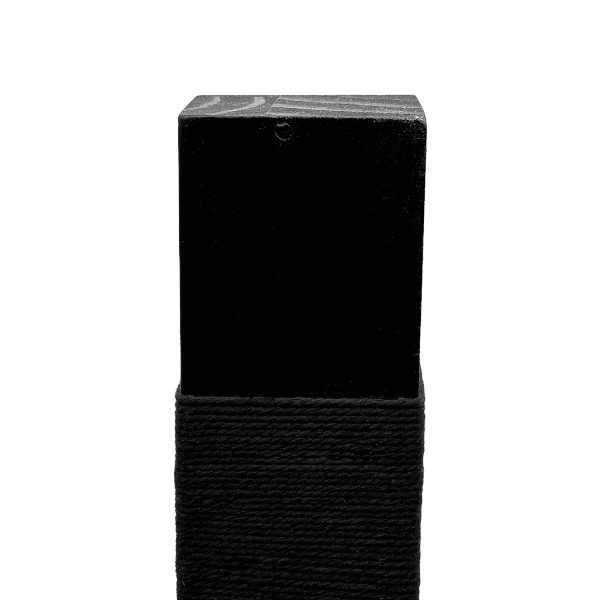 Top close up of black reusable solid wood cat scratching post looped in black cotton cord 